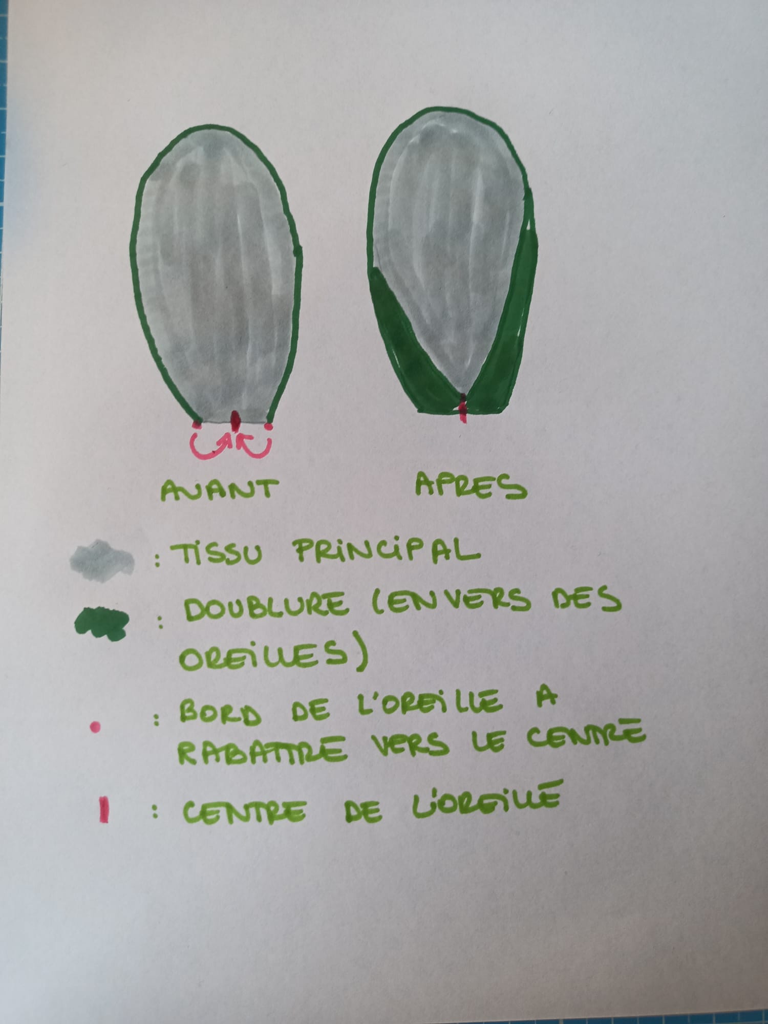 Schéma explicatif de la façon dont il faut replier les oreilles.