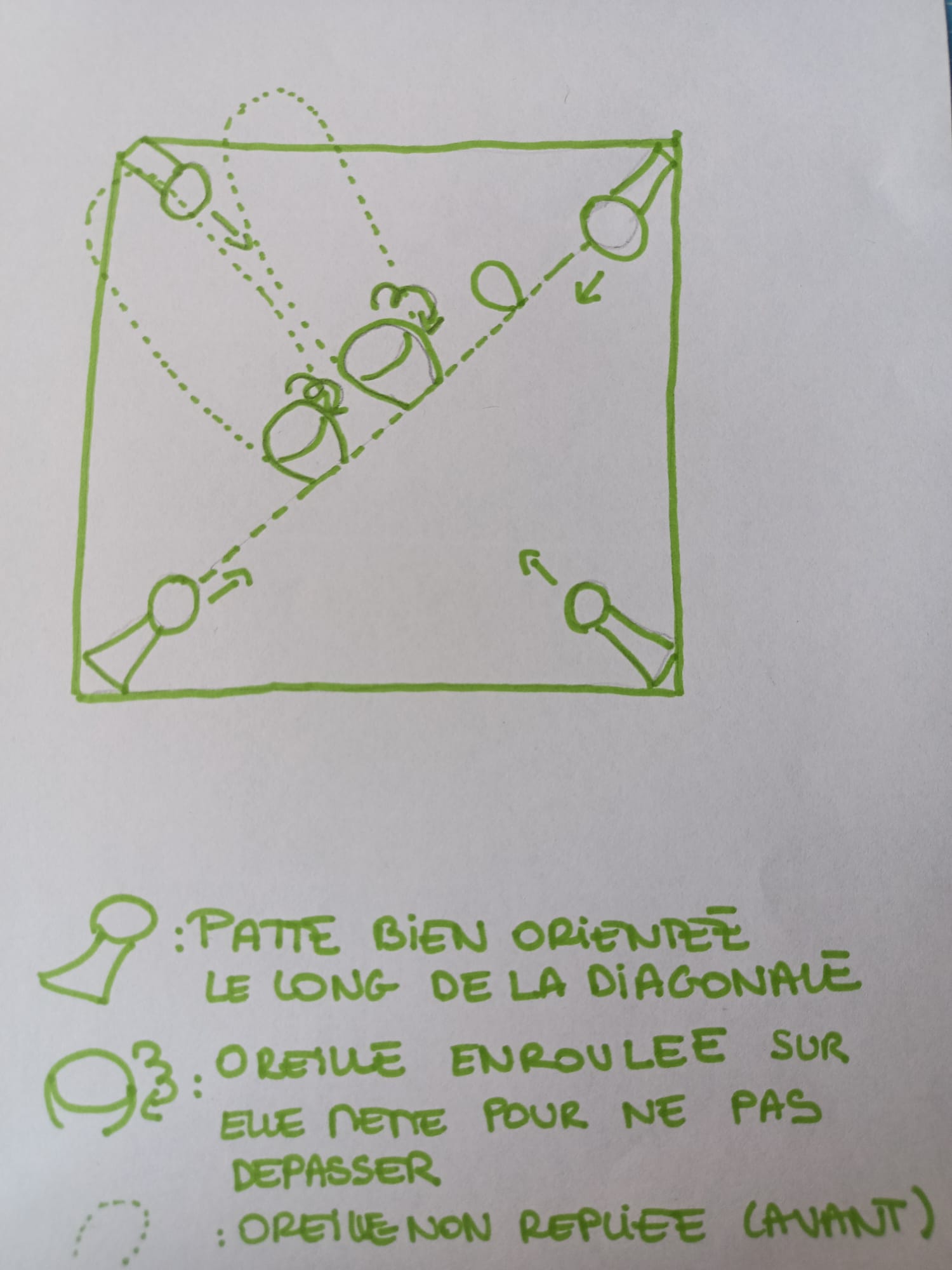 Schéma explicatif du repliage des oreilles et de l’orientation des pattes avant de superposer.